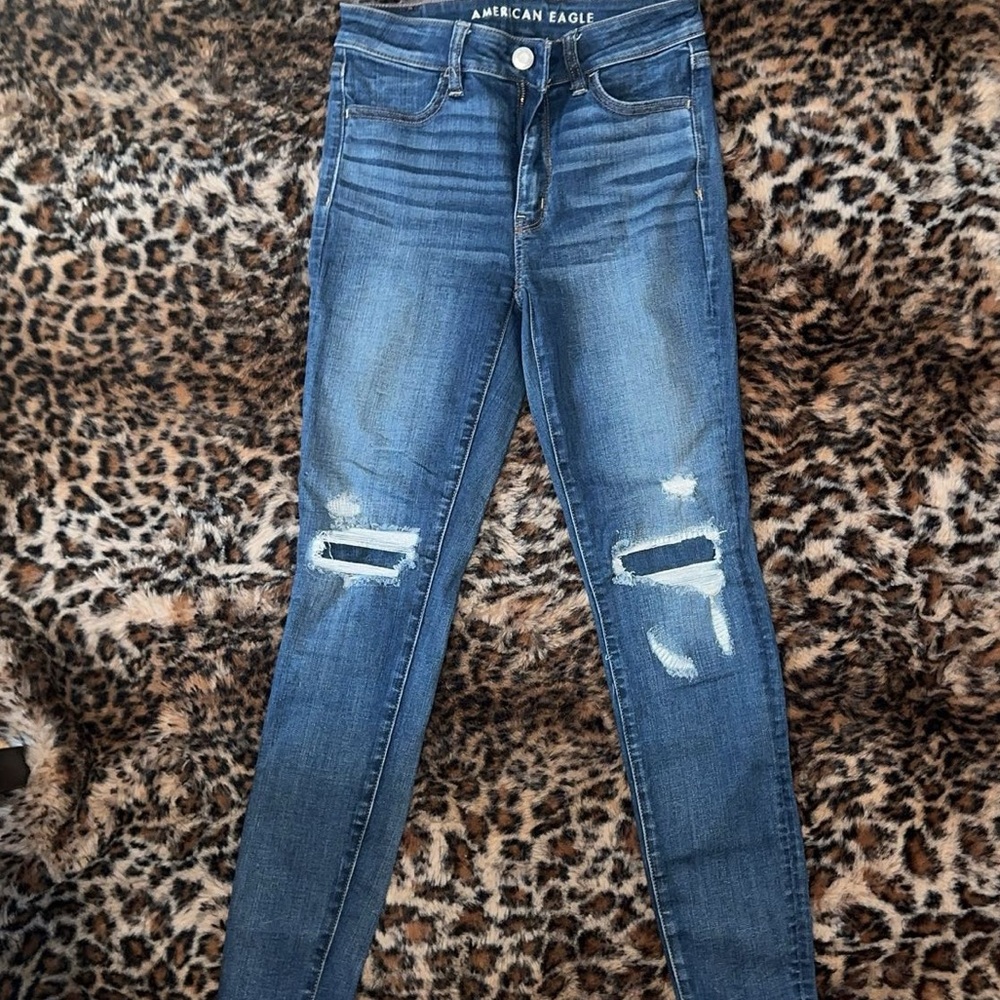 American Eagle Outfitters Women's Distressed Skinny Jeans - Dark Blue
